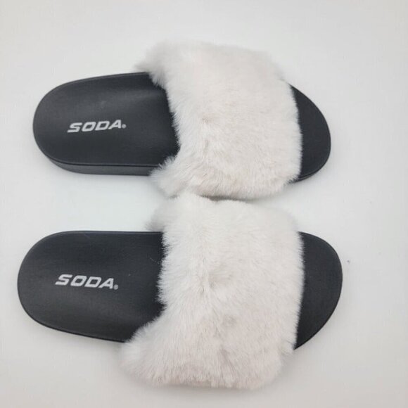 Women's Cream/Black Faux Fur Slipper Fuzzy Fluffy Slip On Slide Sandal Size 11 - Picture 5 of 5